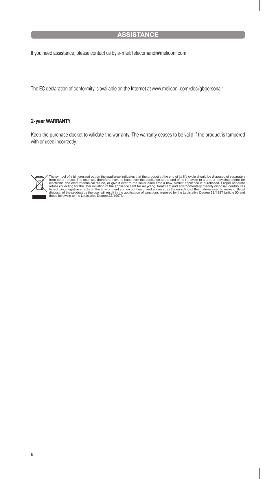 Assistance | Meliconi Gumbody Personal 1 for SAMSUNG User Manual | Page 8 / 20