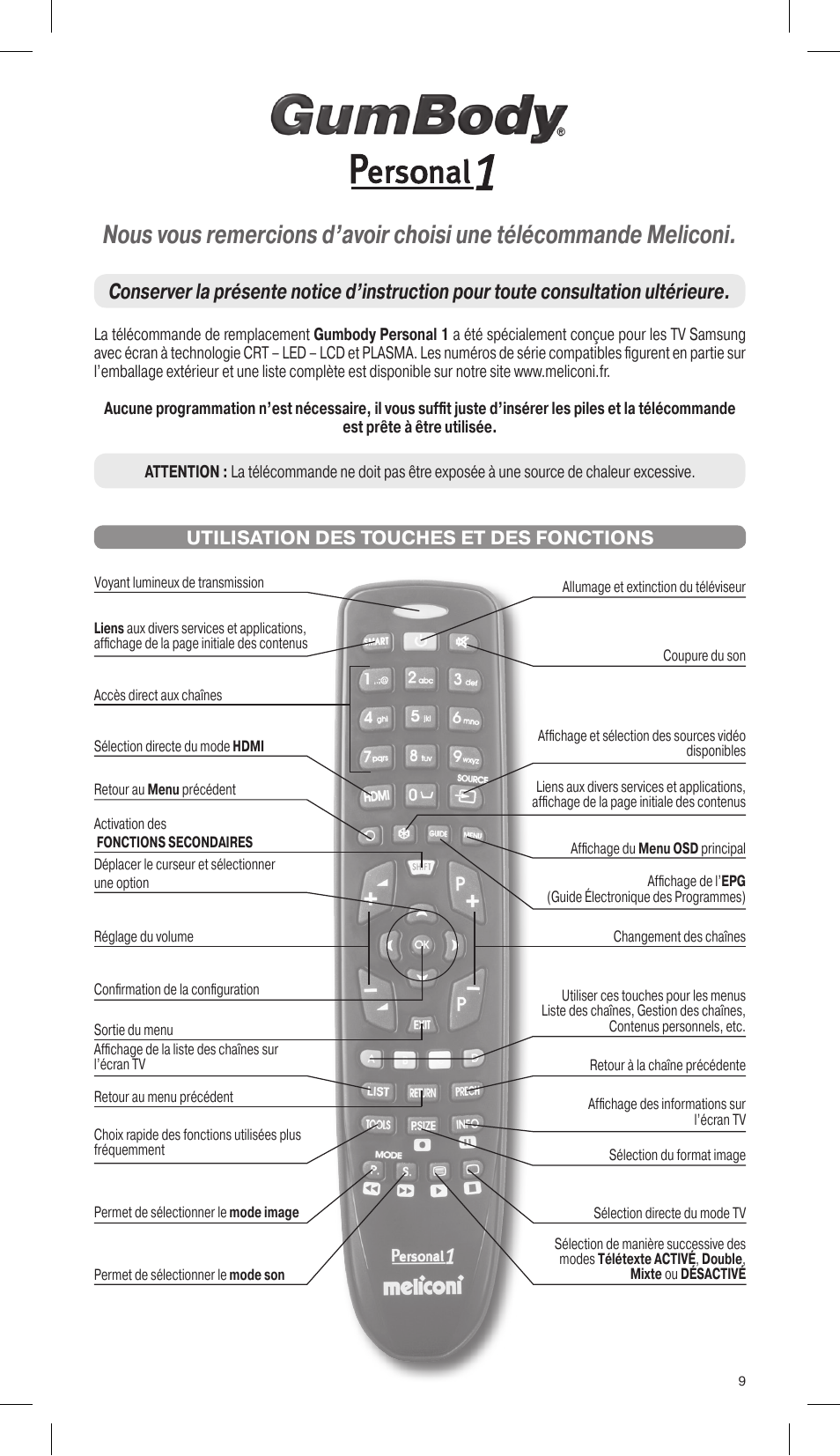 Utilisation des touches et des fonctions | Meliconi Gumbody Personal 1 for SAMSUNG User Manual | Page 9 / 20