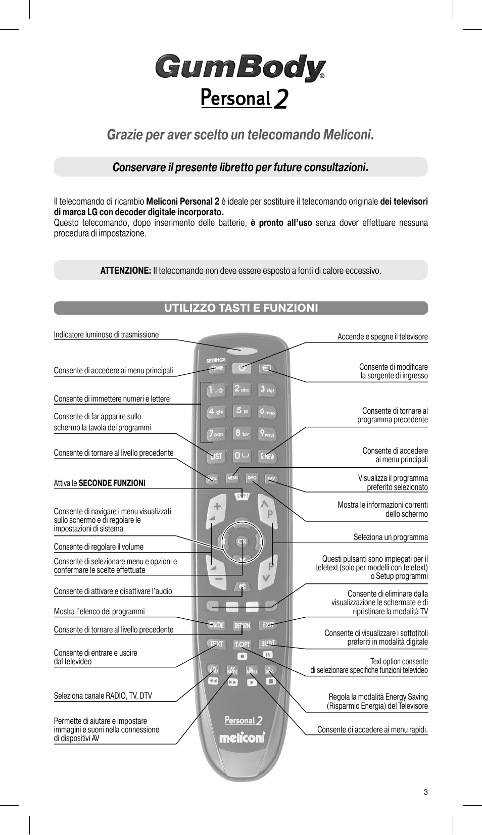 Grazie per aver scelto un telecomando meliconi, Utilizzo tasti e funzioni | Meliconi Gumbody Personal 2 for LG User Manual | Page 3 / 20