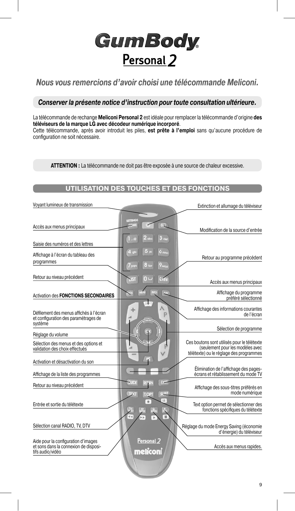 Utilisation des touches et des fonctions | Meliconi Gumbody Personal 2 for LG User Manual | Page 9 / 20