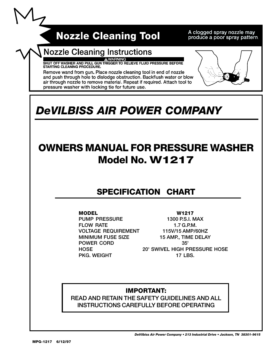 DeVillbiss Air Power Company W1217 User Manual | 12 pages