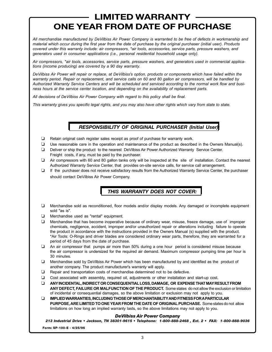 Limited warranty one year from date of purchase | DeVillbiss Air Power Company W1217 User Manual | Page 3 / 12