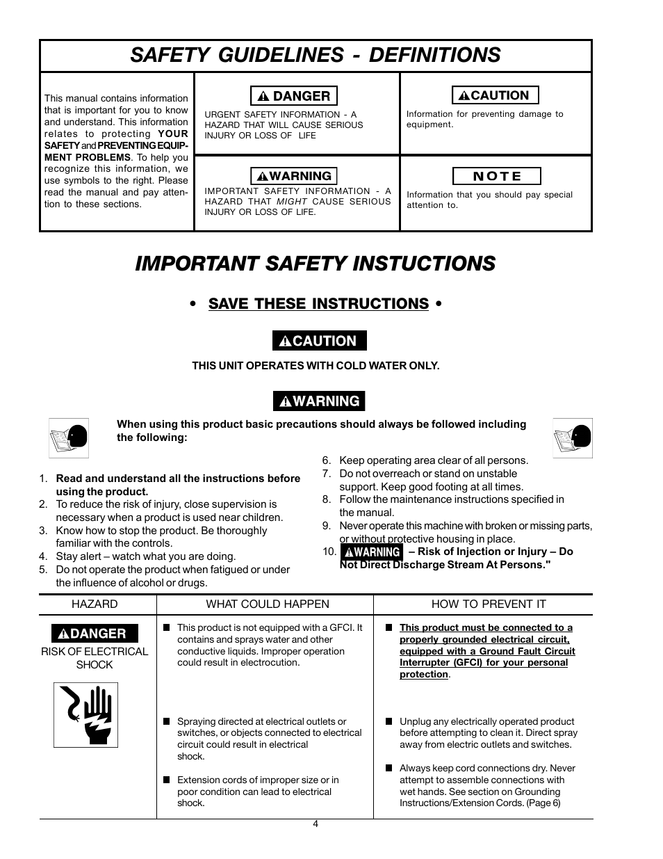 Important safety instuctions, Safety guidelines - definitions, Save these instructions | DeVillbiss Air Power Company W1217 User Manual | Page 4 / 12