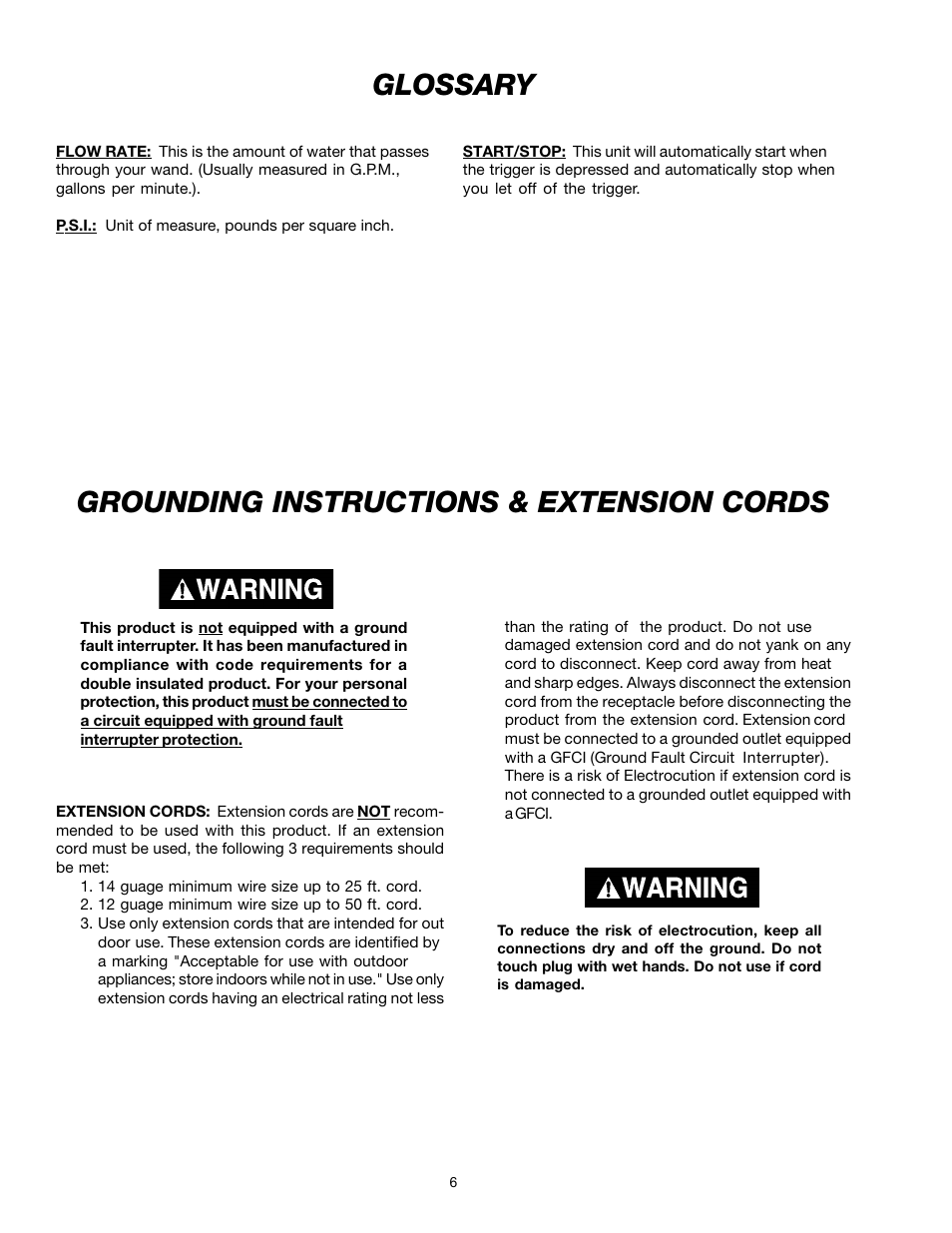 Glossary, Grounding instructions & extension cords | DeVillbiss Air Power Company W1217 User Manual | Page 6 / 12