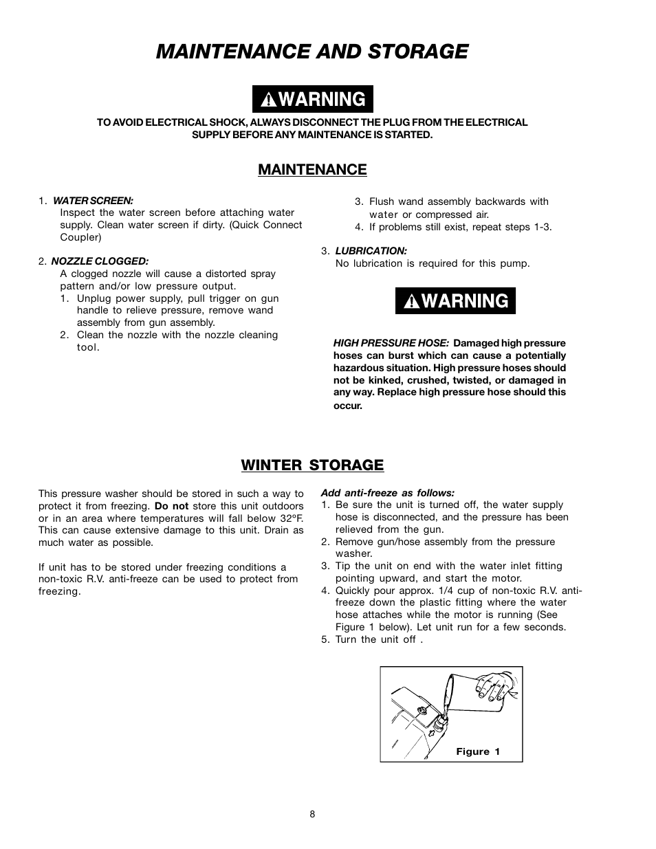 Maintenance and storage, Winter storage, Maintenance | DeVillbiss Air Power Company W1217 User Manual | Page 8 / 12