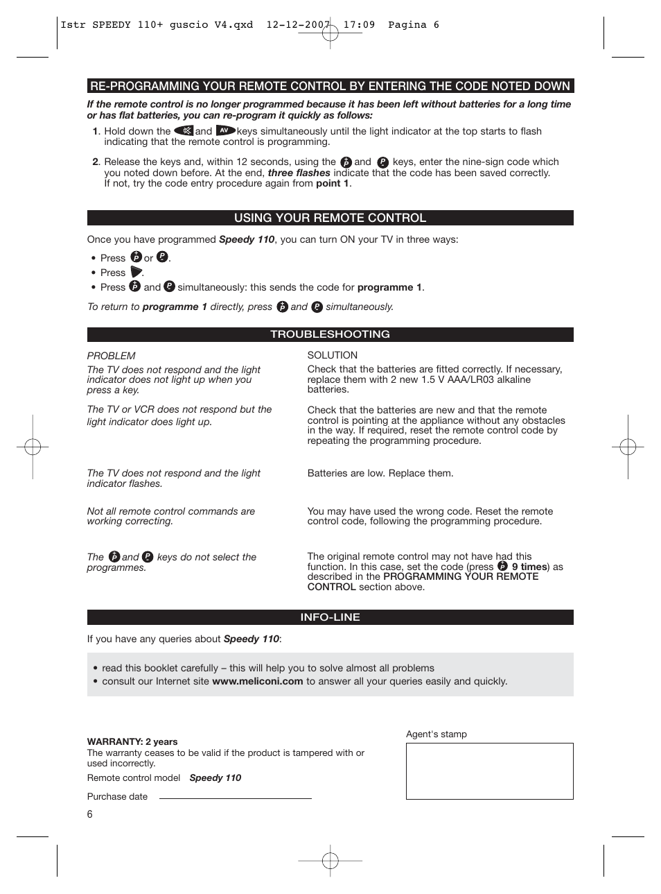 Using your remote control | Meliconi Speedy 110 User Manual | Page 3 / 3
