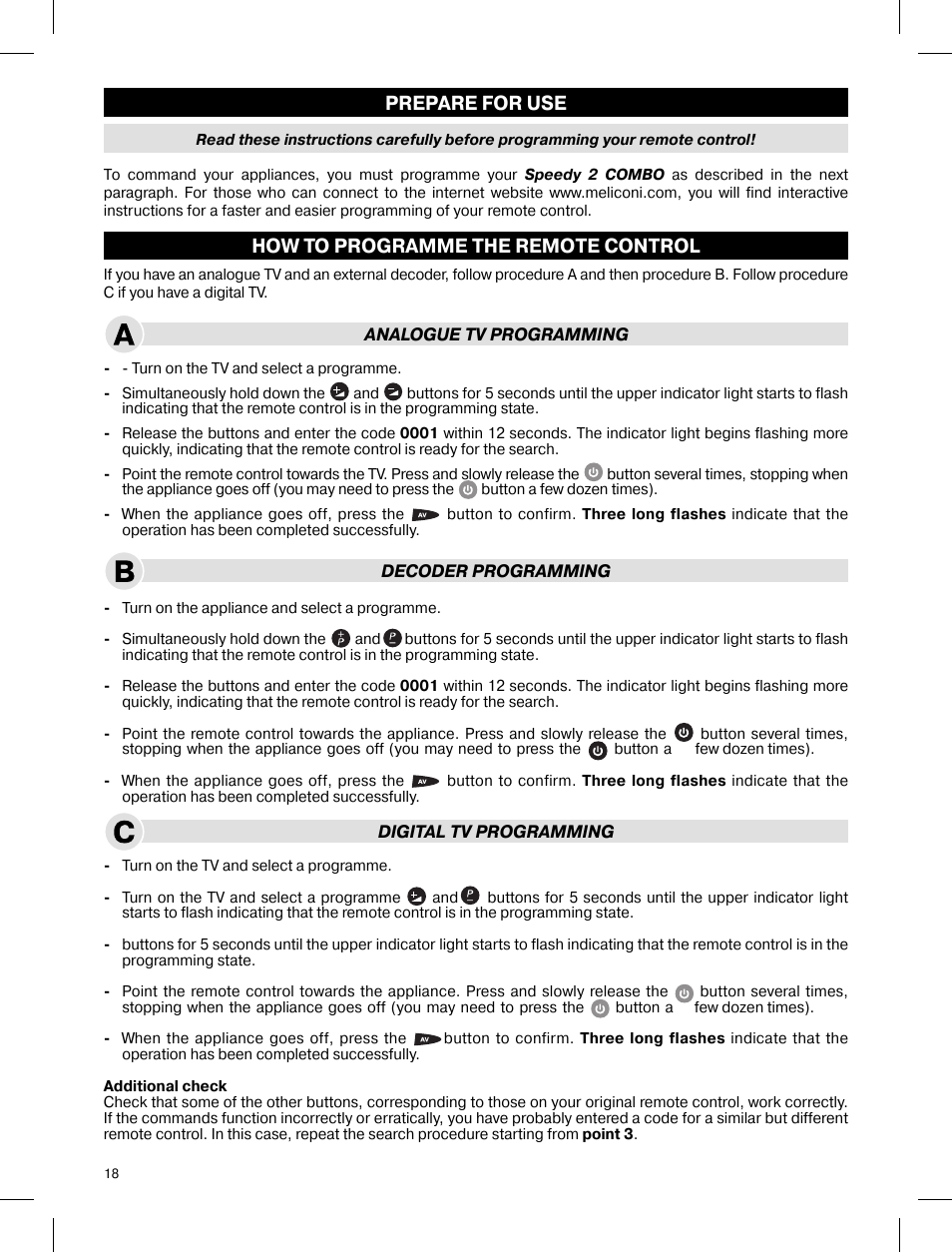 How to programme the remote control, Prepare for use | Meliconi Speedy 2 combo User Manual | Page 2 / 4