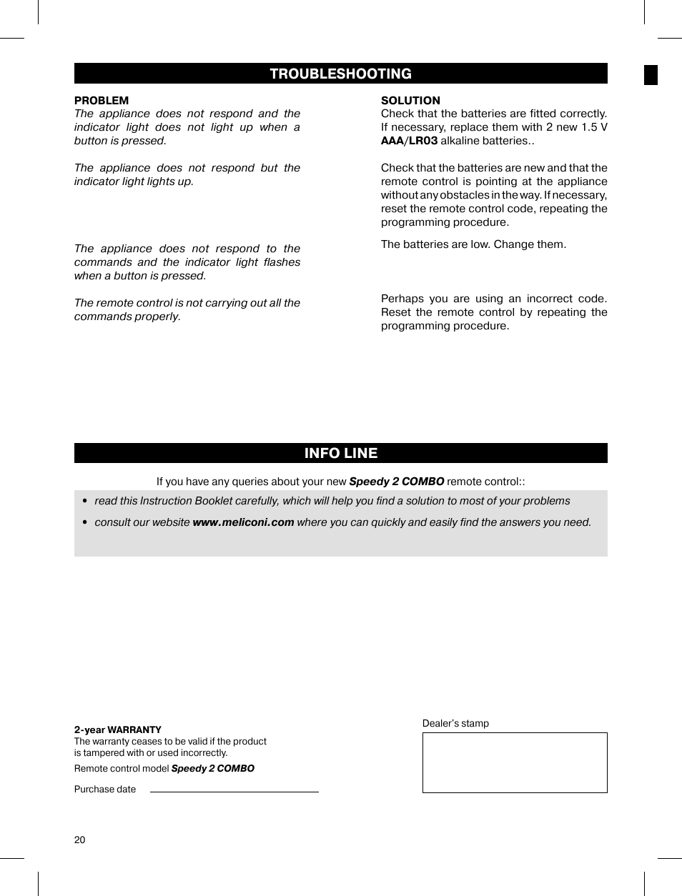 Troubleshooting, Info line | Meliconi Speedy 2 combo User Manual | Page 4 / 4