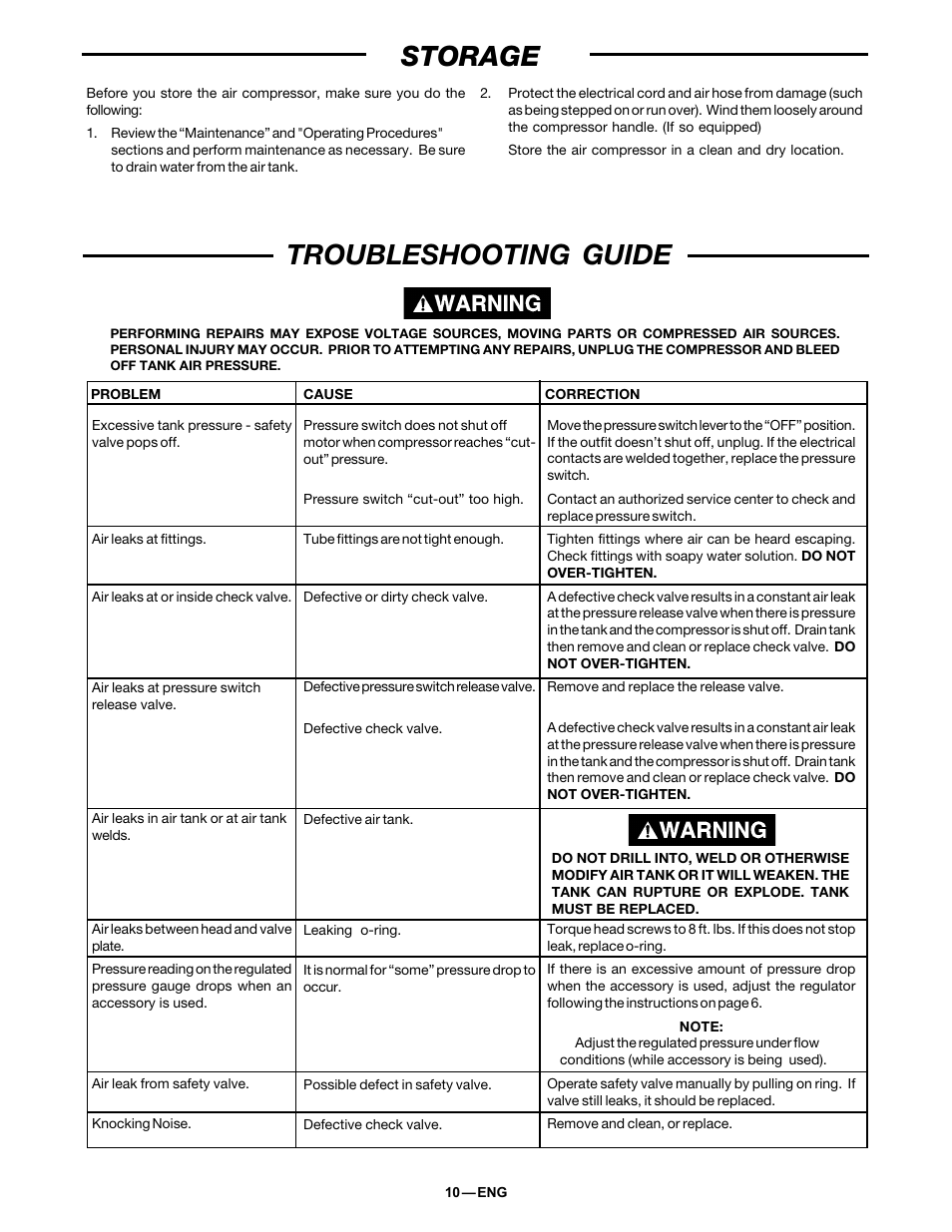 Troubleshooting guide storage | DeVillbiss Air Power Company 38301-9615 User Manual | Page 10 / 12