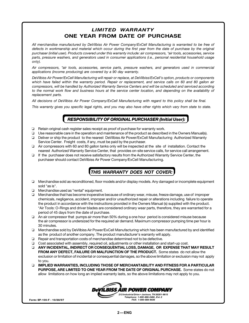 One year from date of purchase | DeVillbiss Air Power Company 38301-9615 User Manual | Page 2 / 12