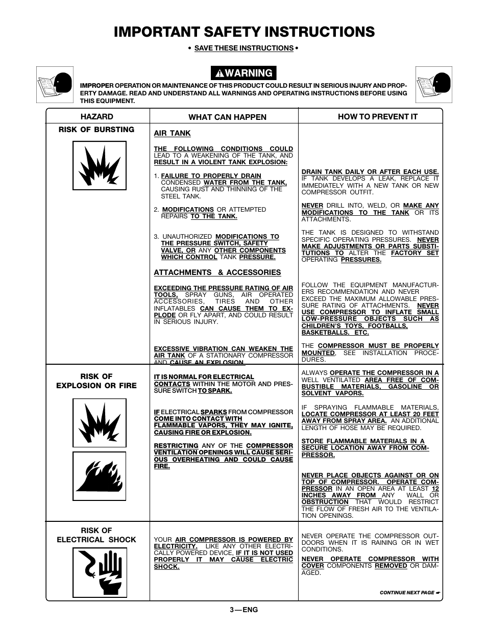 Important safety instructions | DeVillbiss Air Power Company 38301-9615 User Manual | Page 3 / 12