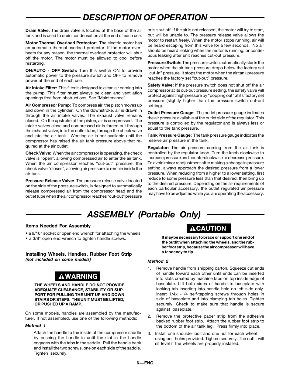 Description of operation assembly (portable only) | DeVillbiss Air Power Company 38301-9615 User Manual | Page 6 / 12