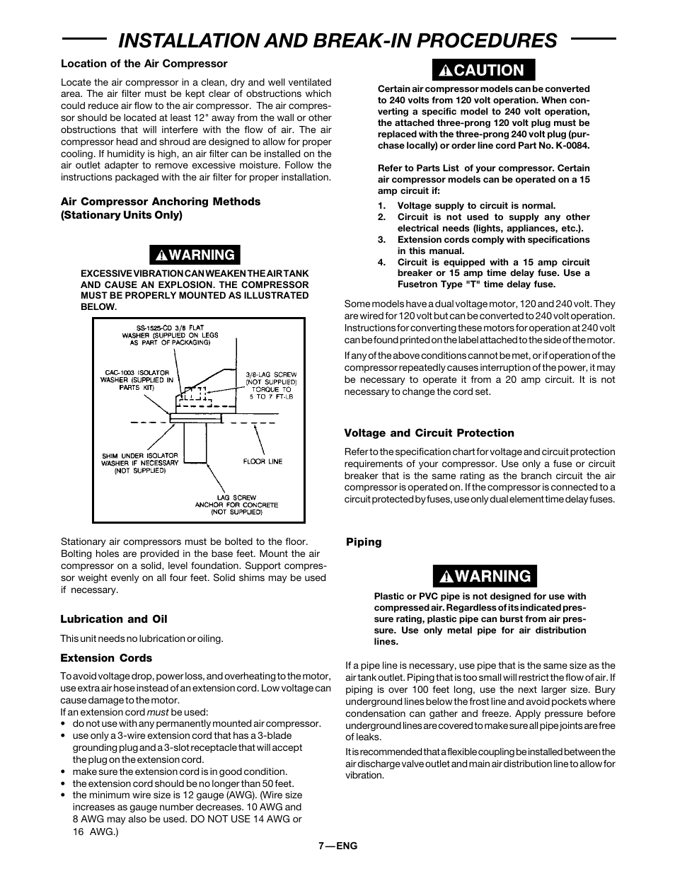 Installation and break-in procedures | DeVillbiss Air Power Company 38301-9615 User Manual | Page 7 / 12