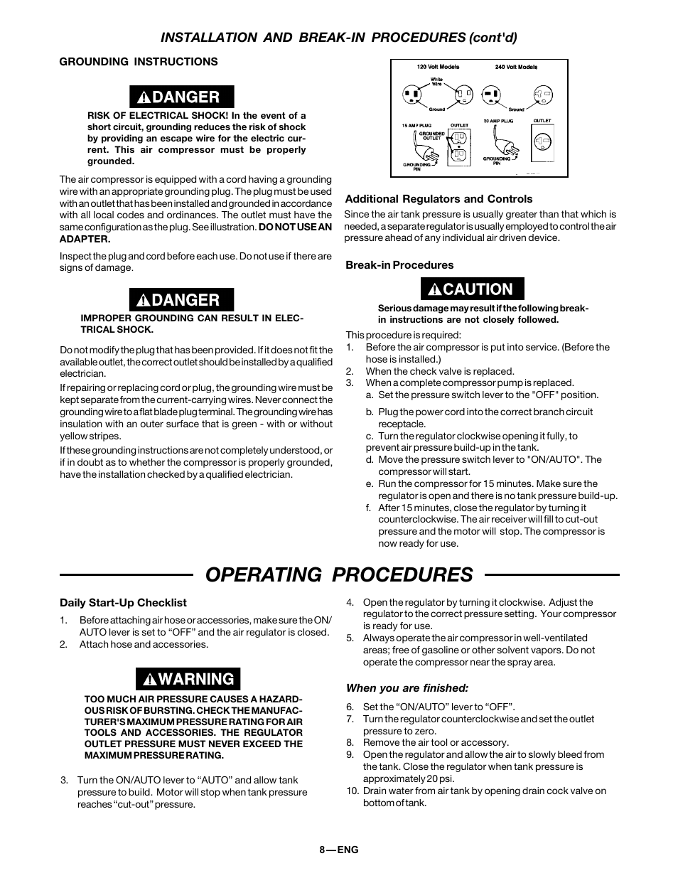 Operating procedures, Installation and break-in procedures (cont'd) | DeVillbiss Air Power Company 38301-9615 User Manual | Page 8 / 12