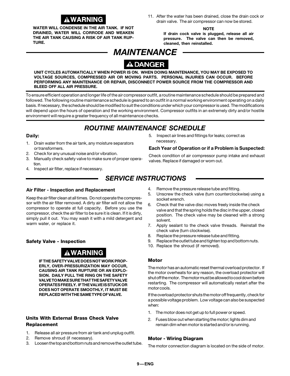 Maintenance, Routine maintenance schedule, Service instructions | DeVillbiss Air Power Company 38301-9615 User Manual | Page 9 / 12