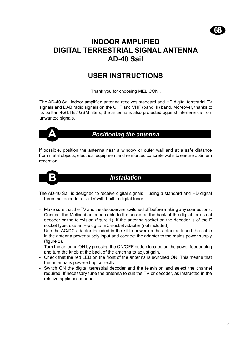 Meliconi AD 40 Sail User Manual | Page 2 / 3