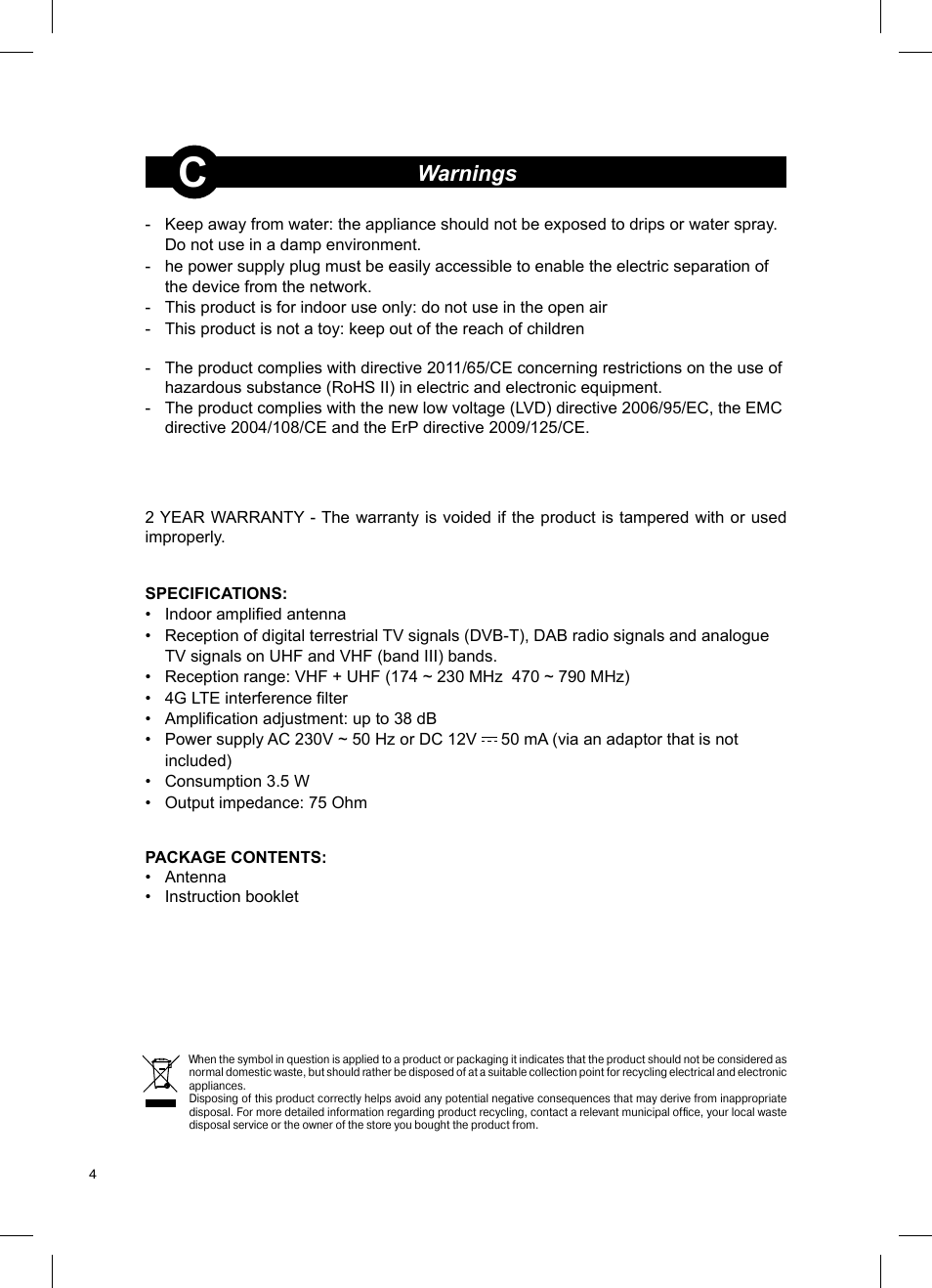 Warnings | Meliconi AT38 LTE User Manual | Page 3 / 3