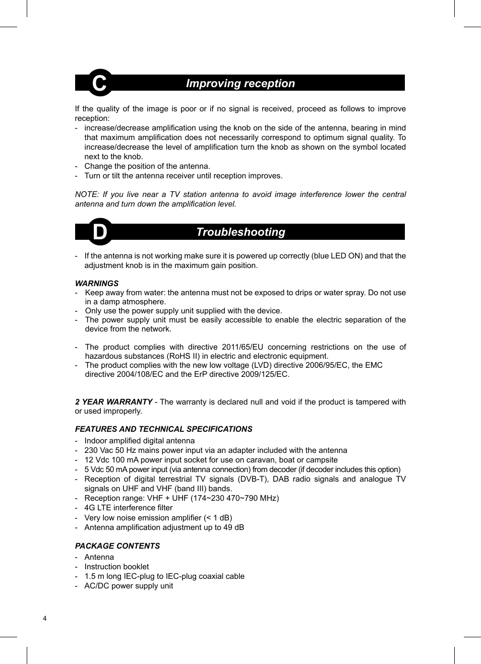 Improving reception, Troubleshooting | Meliconi AT49 LTE User Manual | Page 3 / 3