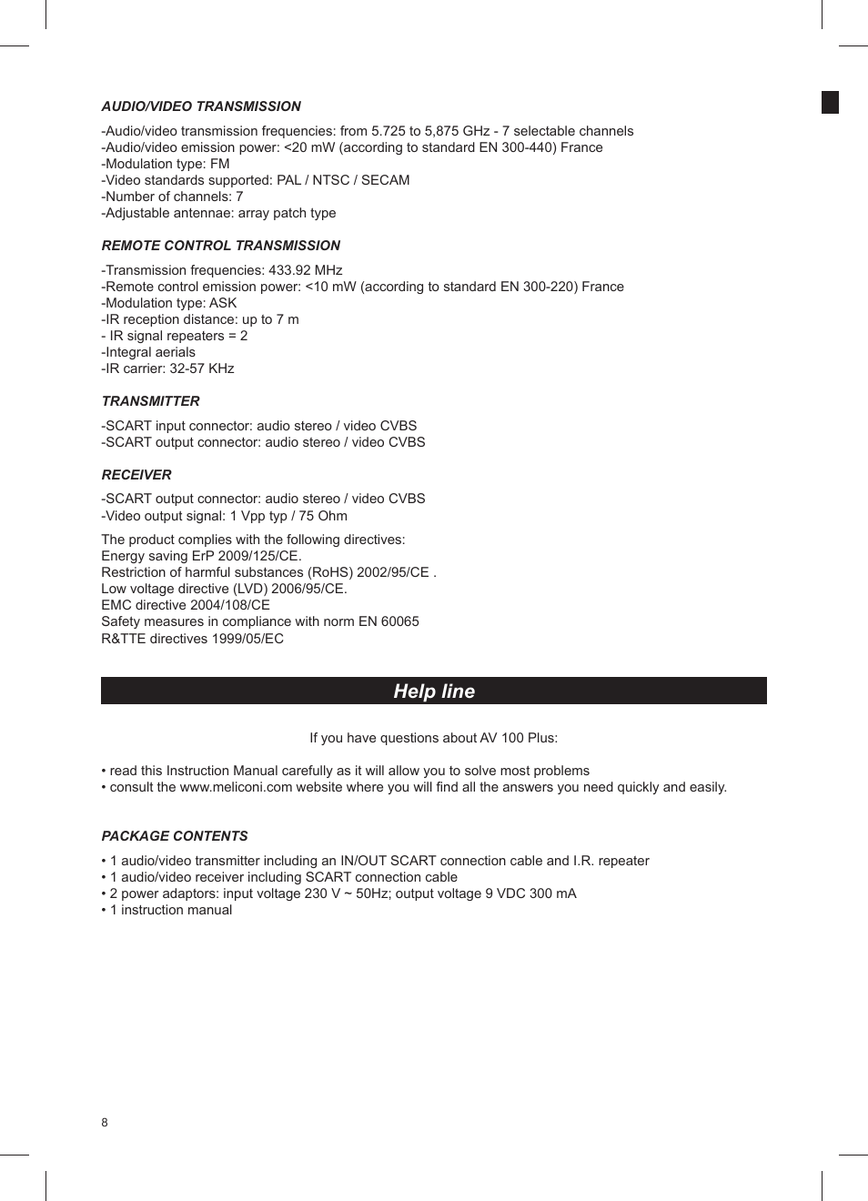 Help line | Meliconi AV100 Plus User Manual | Page 10 / 20