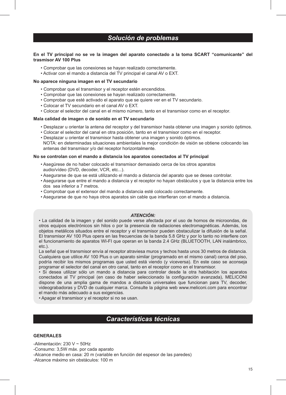 Solución de problemas características técnicas | Meliconi AV100 Plus User Manual | Page 17 / 20