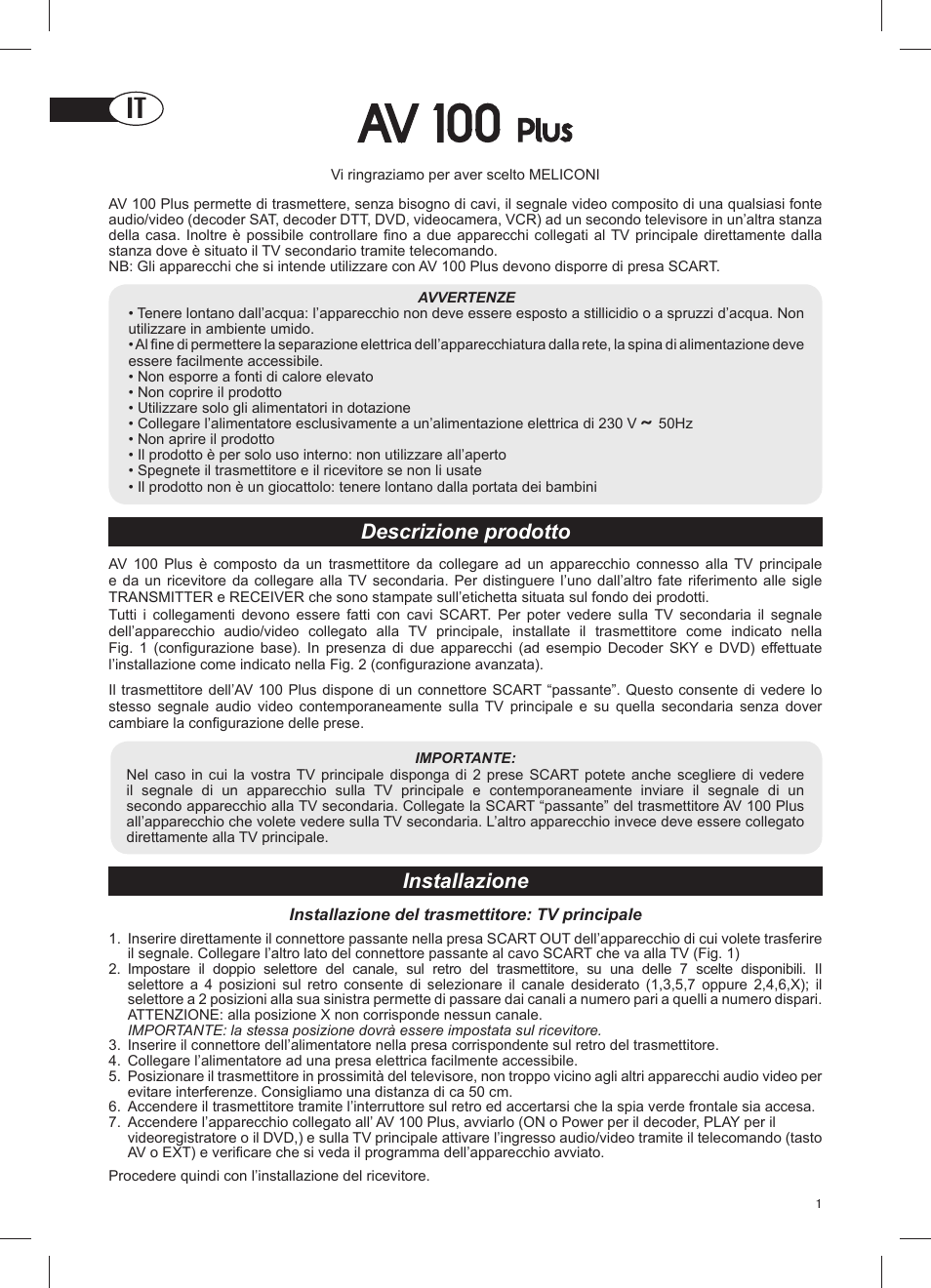 Av 100, Plus, Descrizione prodotto installazione | Meliconi AV100 Plus User Manual | Page 3 / 20