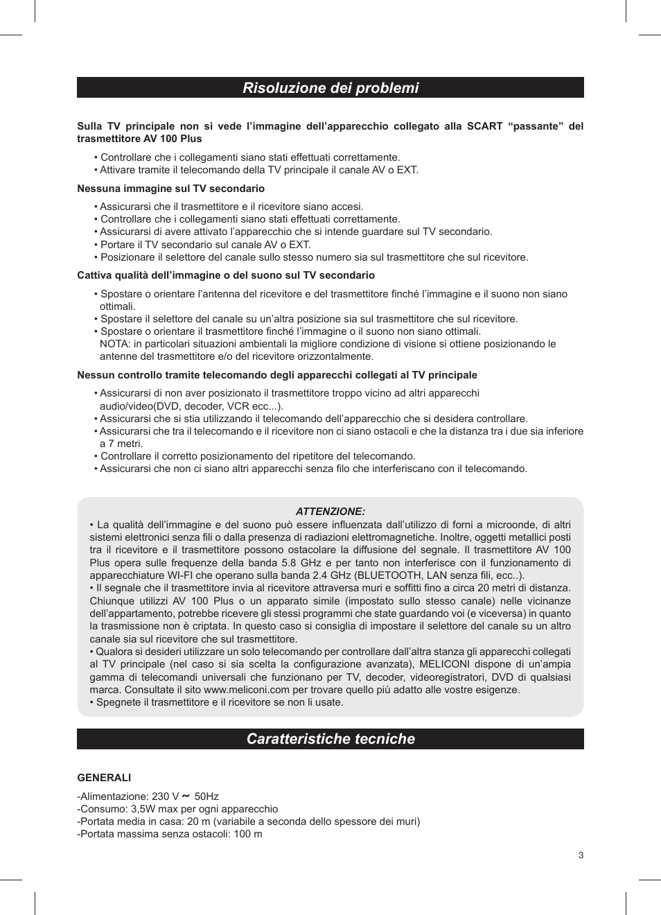 Risoluzione dei problemi caratteristiche tecniche | Meliconi AV100 Plus User Manual | Page 5 / 20