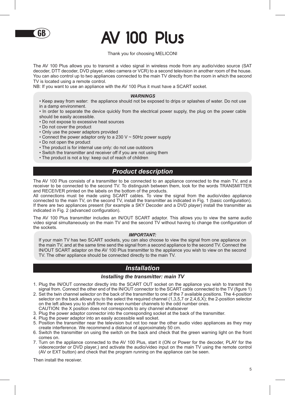 Av 100 plus, Product description installation | Meliconi AV100 Plus User Manual | Page 7 / 20