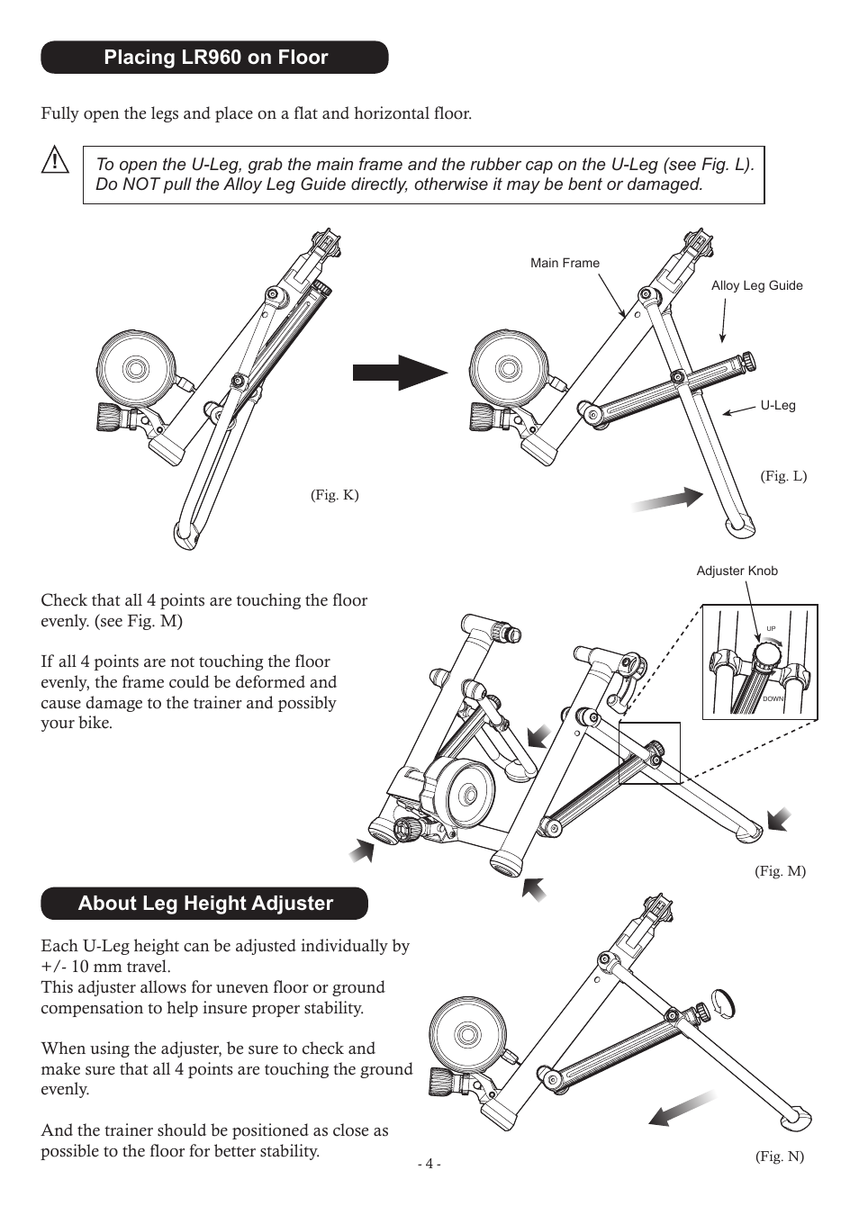 Placing lr960 on floor, About leg height adjuster | MINOURA LiveRide　LR960 User Manual | Page 4 / 8