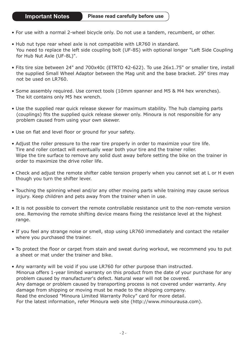 MINOURA LiveRide　LR760 User Manual | Page 2 / 8