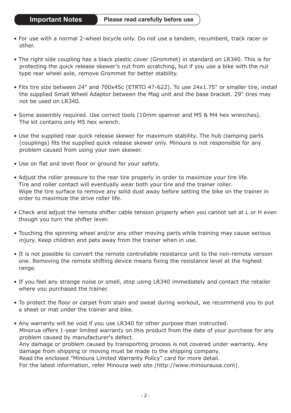 MINOURA LiveRide　LR340 User Manual | Page 2 / 8