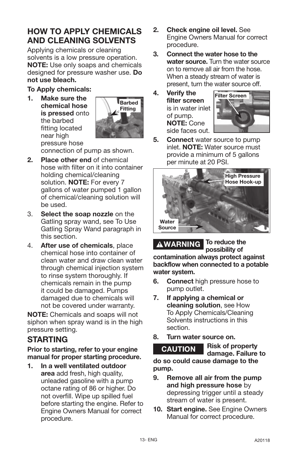 How to apply chemicals and cleaning solvents, Starting | DeVillbiss Air Power Company Excell A20118 User Manual | Page 13 / 60