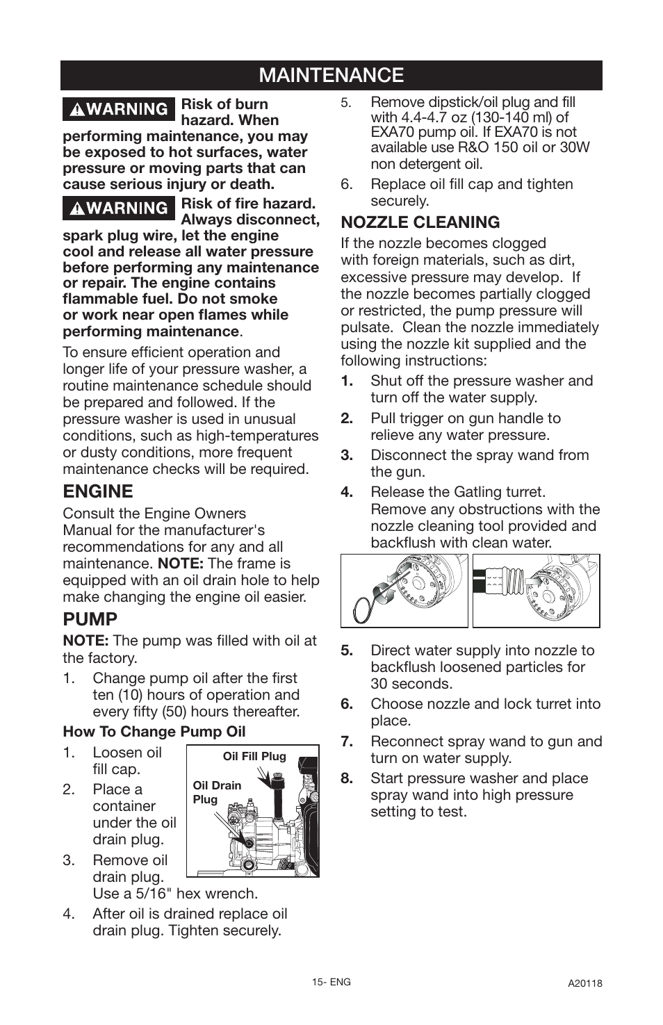 Maintenance, Engine, Pump | DeVillbiss Air Power Company Excell A20118 User Manual | Page 15 / 60