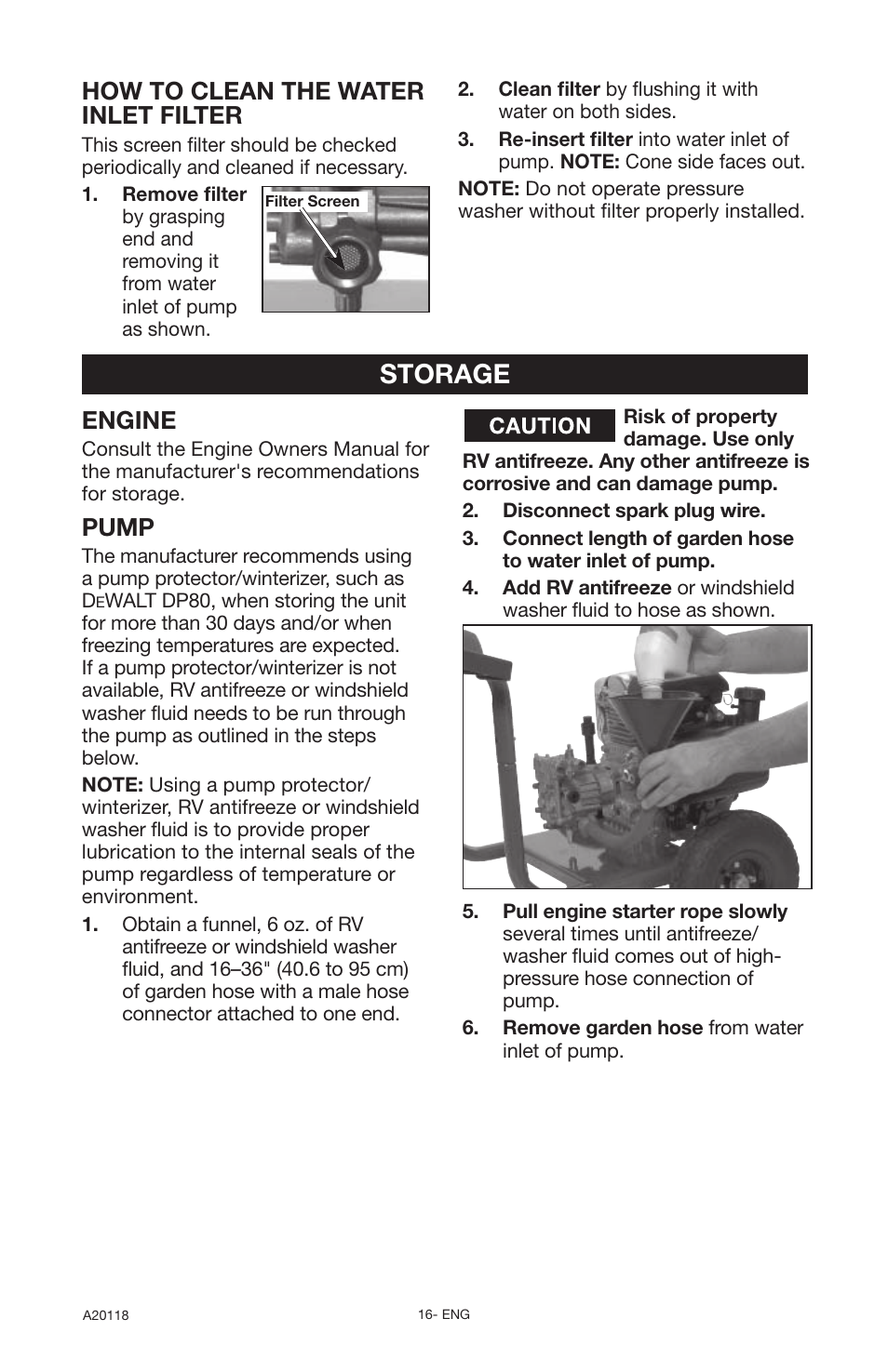 Storage, Engine, Pump | How to clean the water inlet filter | DeVillbiss Air Power Company Excell A20118 User Manual | Page 16 / 60