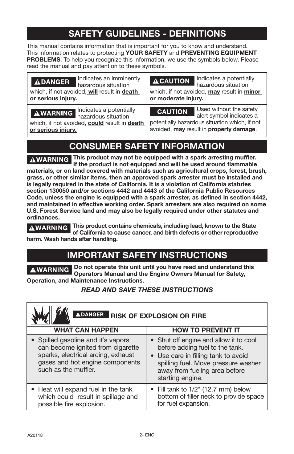 Important safety instructions | DeVillbiss Air Power Company Excell A20118 User Manual | Page 2 / 60