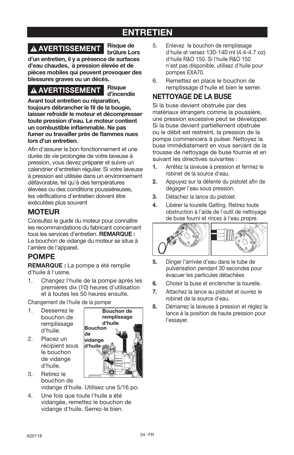 Entretien, Moteur, Pompe | Nettoyage de la buse | DeVillbiss Air Power Company Excell A20118 User Manual | Page 34 / 60