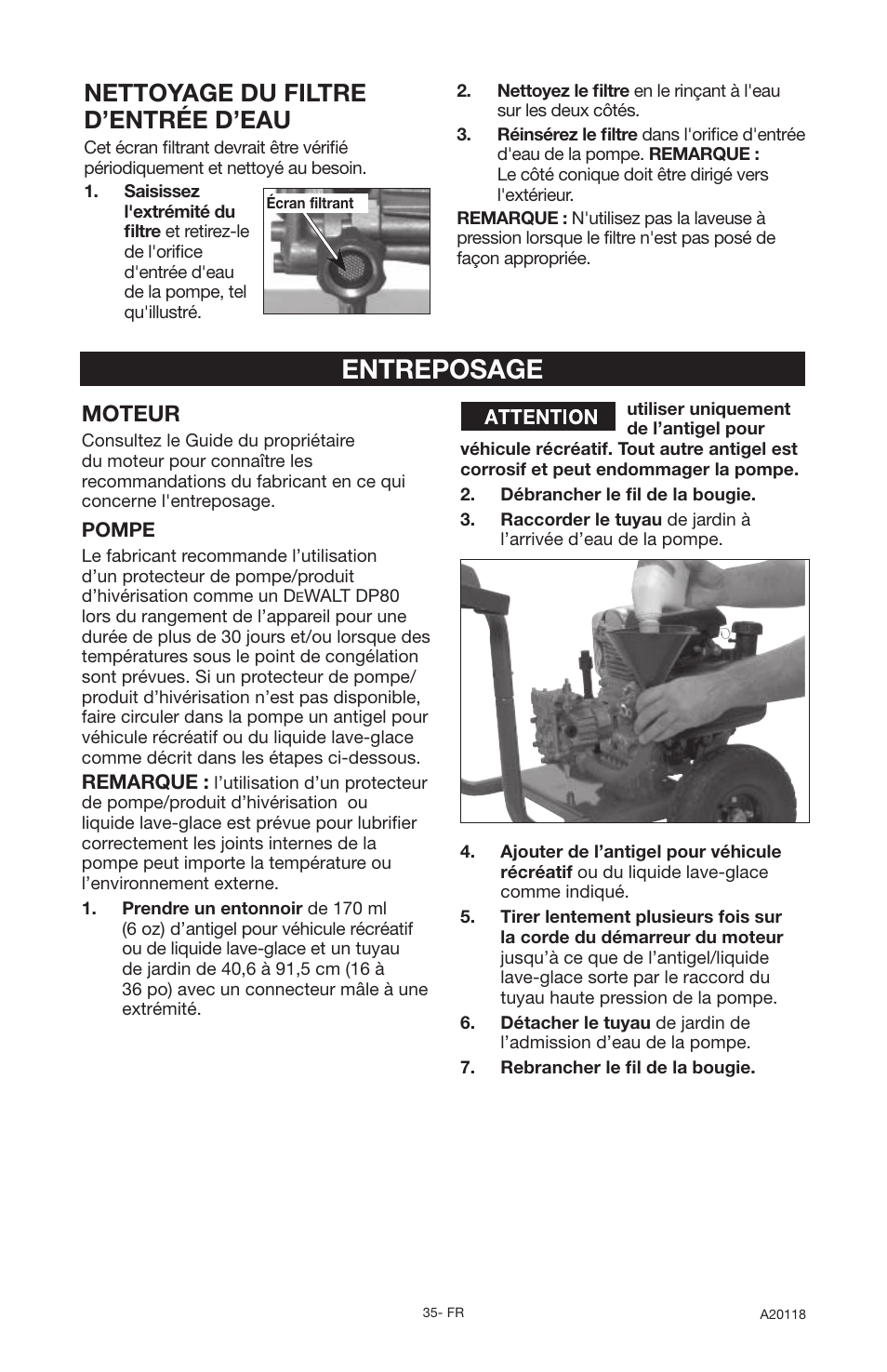 Entreposage, Nettoyage du filtre d’entrée d’eau, Moteur | DeVillbiss Air Power Company Excell A20118 User Manual | Page 35 / 60