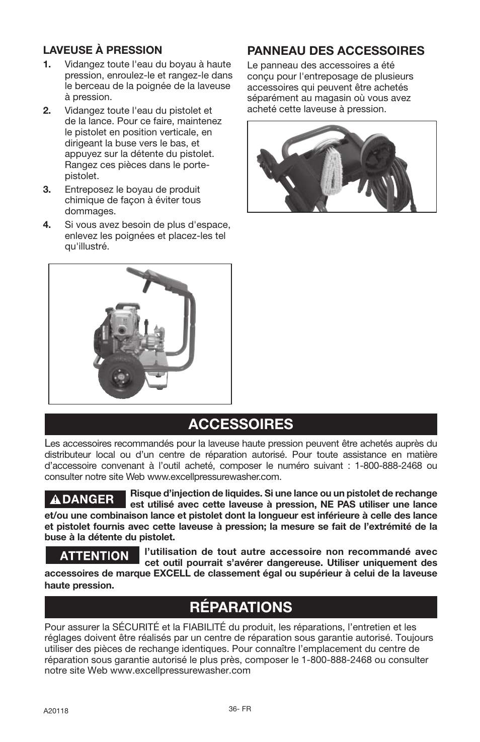 Accessoires, Réparations, Panneau des accessoires | DeVillbiss Air Power Company Excell A20118 User Manual | Page 36 / 60