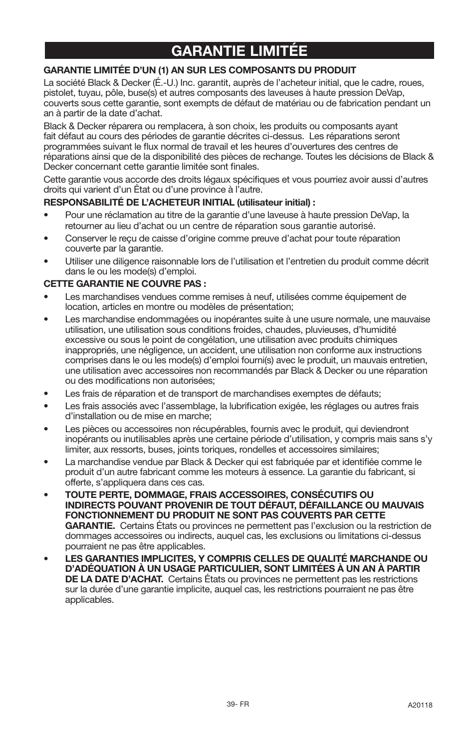 Garantie limitée | DeVillbiss Air Power Company Excell A20118 User Manual | Page 39 / 60