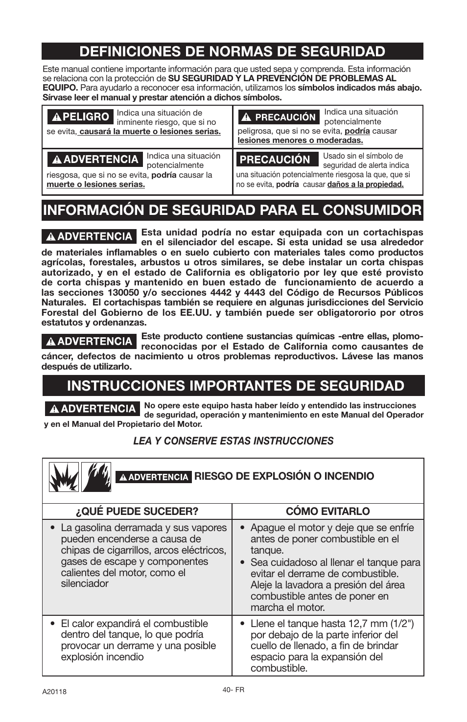 Instrucciones importantes de seguridad, Información de seguridad para el consumidor, Definiciones de normas de seguridad | DeVillbiss Air Power Company Excell A20118 User Manual | Page 40 / 60