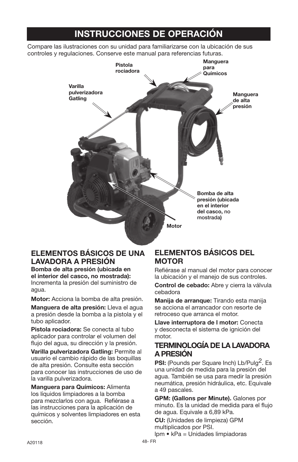 Instrucciones de operación, Elementos básicos de una lavadora a presión, Elementos básicos del motor | Terminología de la lavadora a presión | DeVillbiss Air Power Company Excell A20118 User Manual | Page 48 / 60