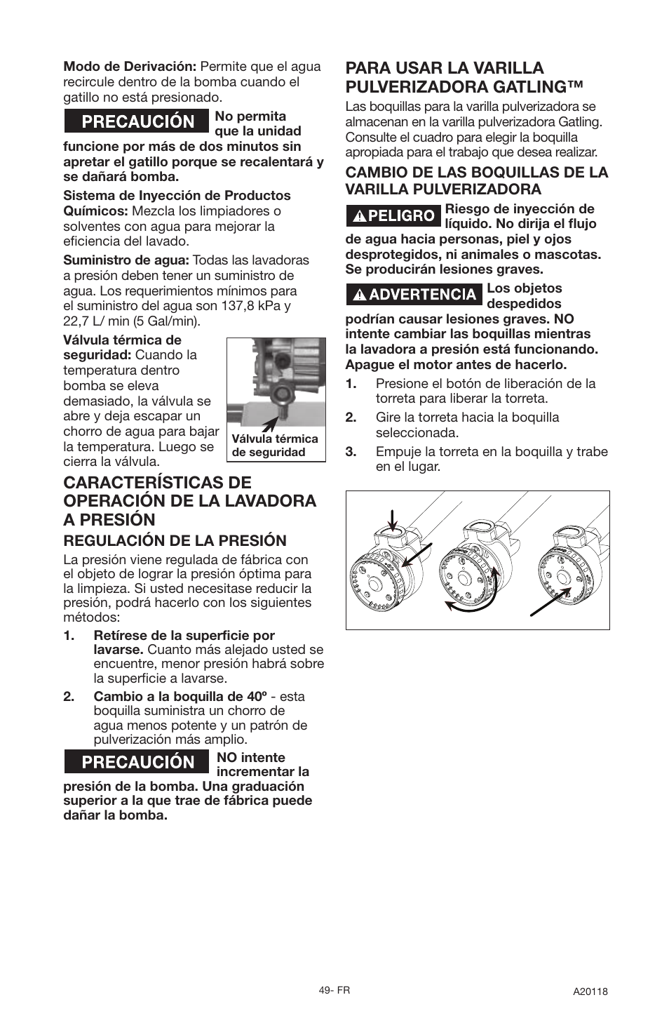 Para usar la varilla pulverizadora gatling | DeVillbiss Air Power Company Excell A20118 User Manual | Page 49 / 60