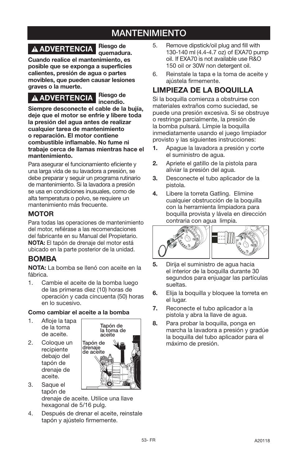 Mantenimiento, Limpieza de la boquilla, Bomba | DeVillbiss Air Power Company Excell A20118 User Manual | Page 53 / 60