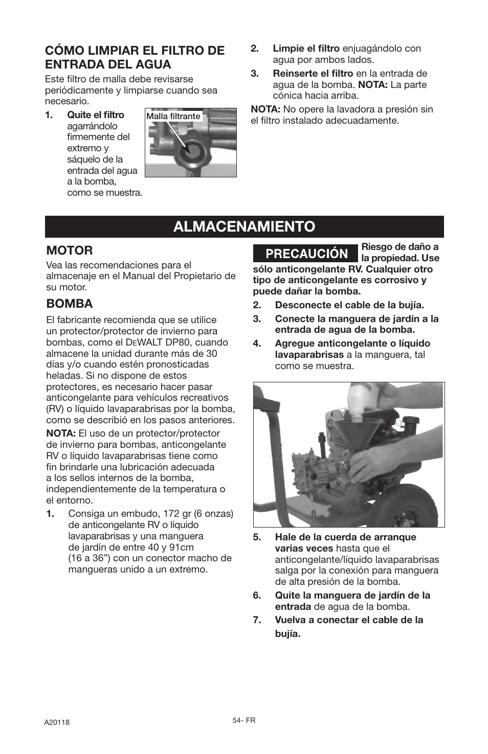 Almacenamiento, Motor, Bomba | Cómo limpiar el filtro de entrada del agua | DeVillbiss Air Power Company Excell A20118 User Manual | Page 54 / 60