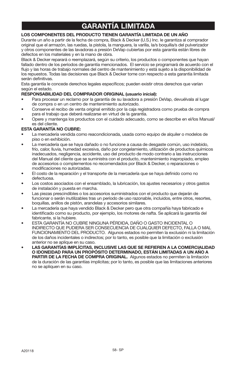 Garantía limitada | DeVillbiss Air Power Company Excell A20118 User Manual | Page 58 / 60