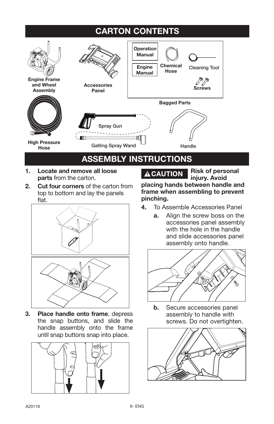 Assembly instructions, Carton contents | DeVillbiss Air Power Company Excell A20118 User Manual | Page 8 / 60