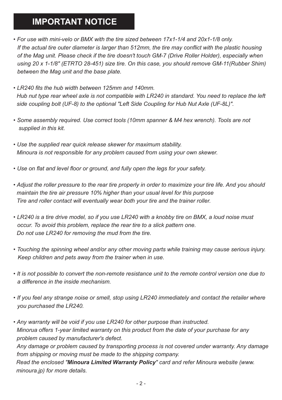 Important notice | MINOURA LiveRide　LR240 User Manual | Page 2 / 8