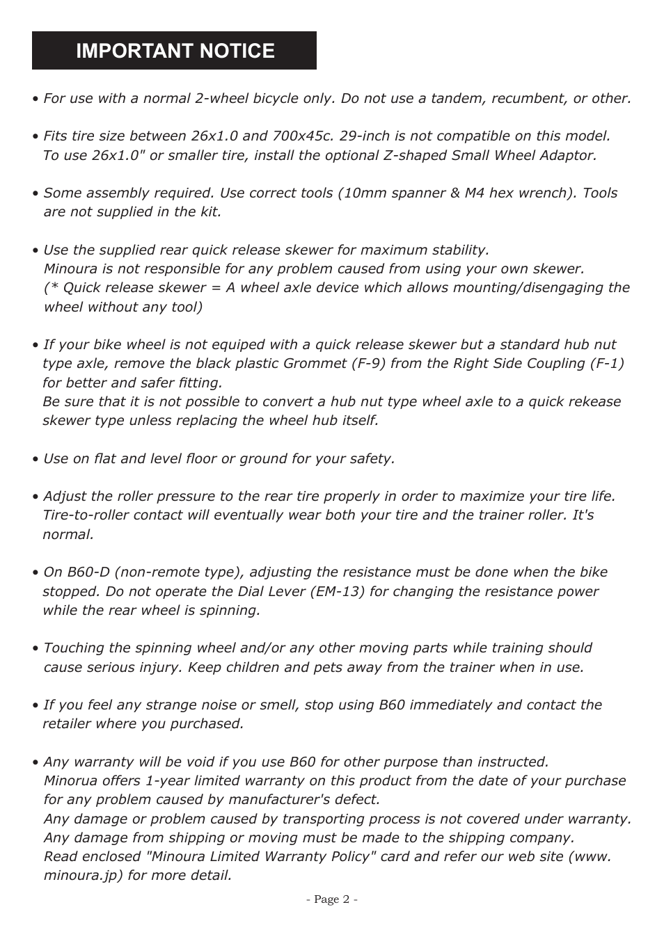 Important notice | MINOURA B60-R / B60-D User Manual | Page 2 / 8