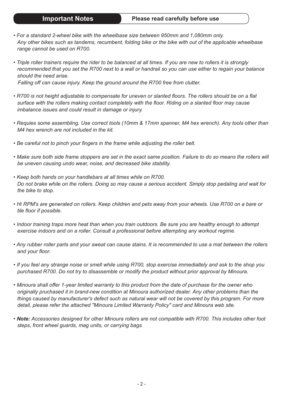 MINOURA LiveRoll R700 User Manual | Page 2 / 8