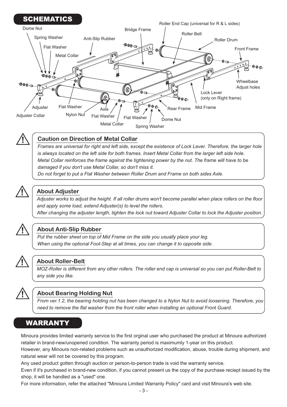 Schematics, Warranty | MINOURA MoZ-Roller User Manual | Page 3 / 8