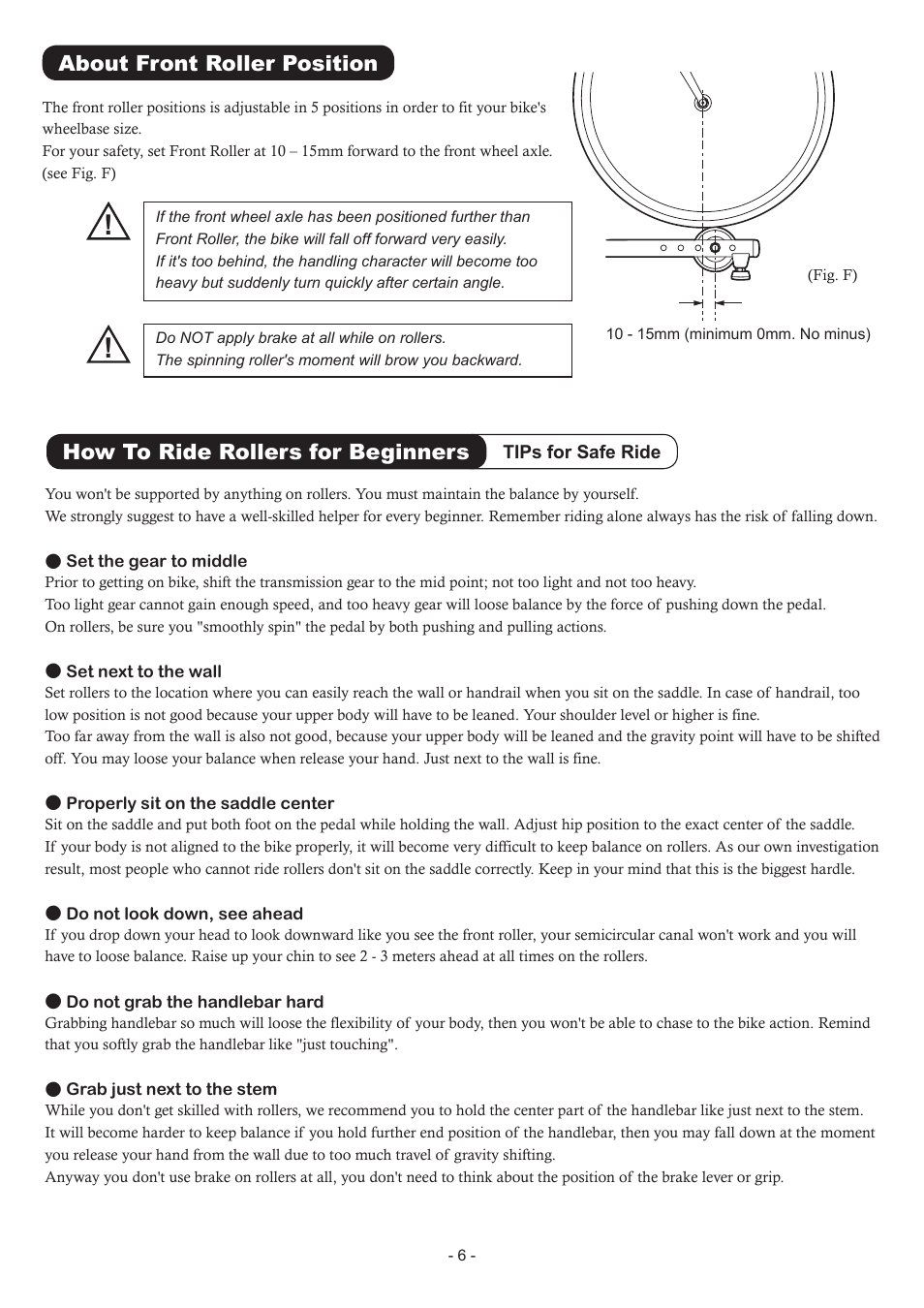 How to ride rollers for beginners, About front roller position | MINOURA MoZ-Roller User Manual | Page 6 / 8